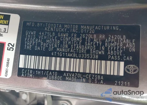 2020 Toyota Camry Se z USA, uszkodzony, nr VIN 4T1G11AK8LU335338